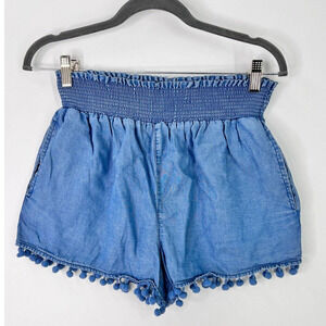 TGLA Casual Shorts Blue Elastic Waist Pom Pom Lace 100% Tencel Pull On Women's M